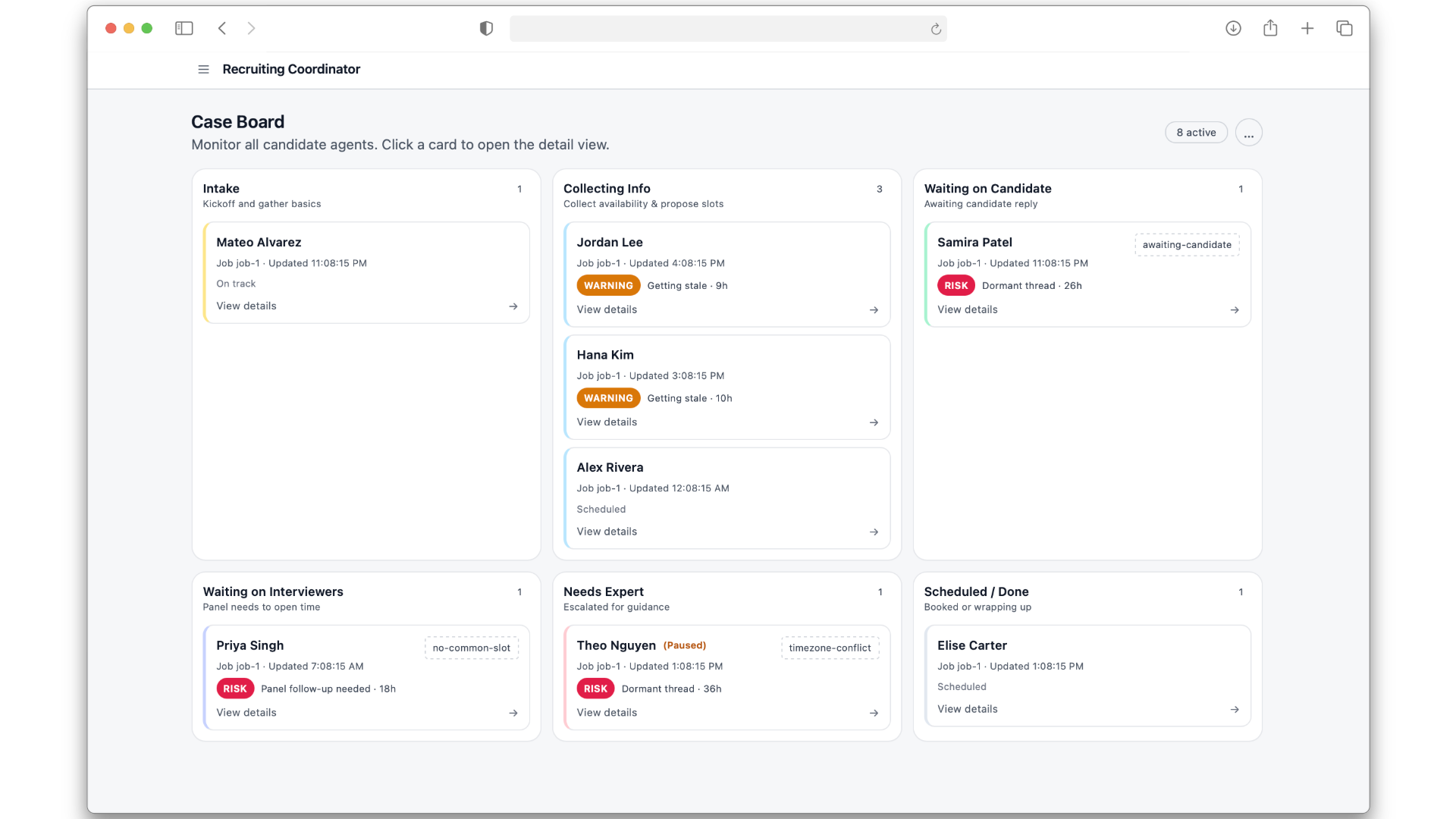 Expert Kanban board showing session triage